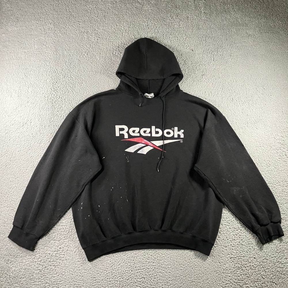 Vintage 90s‎ Reebok Vector Logo Hoodie Made in USA XXXL Thrashed Paint Splatter